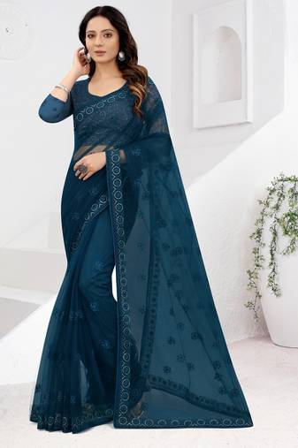 Teal Blue Zari Embroidered Party Wear Net Saree With Blouse Piece