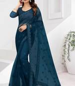 Teal Blue Zari Embroidered Party Wear Net Saree With Blouse Piece