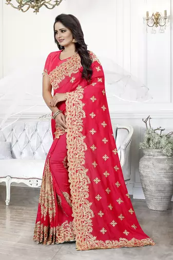 Pink Zari Embroidered Border Art Silk Party Wear Saree With Blouse Piece