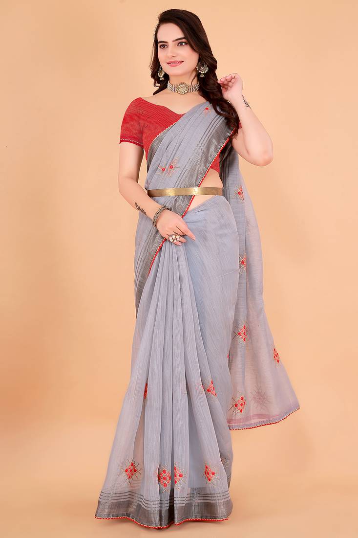 Grey cotton saree for women with blouse sd29128