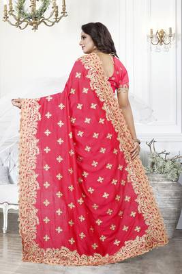 Pink Zari Embroidered Border Art Silk Party Wear Saree With Blouse Piece 3