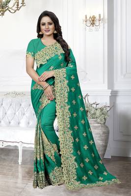 Green Zari Embroidered Border Art Silk Party Wear Saree With Blouse Piece 1