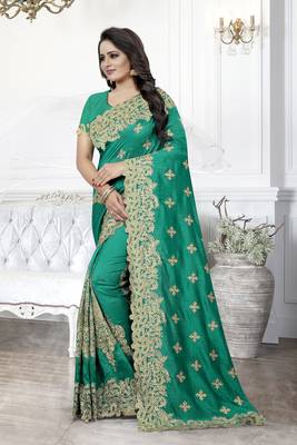 Green Zari Embroidered Border Art Silk Party Wear Saree With Blouse Piece 2