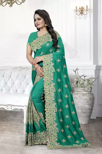 Green Zari Embroidered Border Art Silk Party Wear Saree With Blouse Piece
