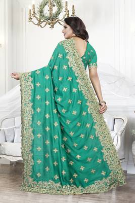 Green Zari Embroidered Border Art Silk Party Wear Saree With Blouse Piece 3