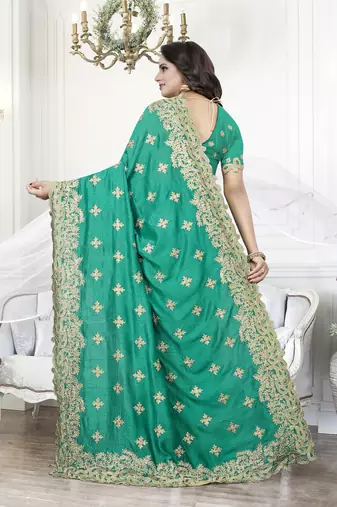 Green Zari Embroidered Border Art Silk Party Wear Saree With Blouse Piece