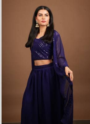women's ethnic foil  mirror work georgette crop top lehenga with shrug - teal 1