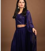 women's ethnic foil  mirror work georgette crop top lehenga with shrug - teal