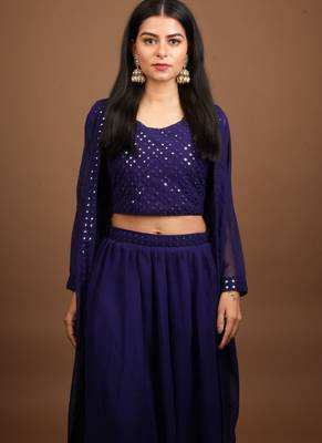 women's ethnic foil  mirror work georgette crop top lehenga with shrug - teal 2