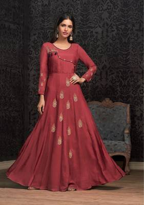 Dark Pink Thread & Jari Embroidery With Stone Work Muslin Stiched Readymade Gown 1