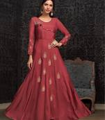 Dark Pink Thread & Jari Embroidery With Stone Work Muslin Stiched Readymade Gown