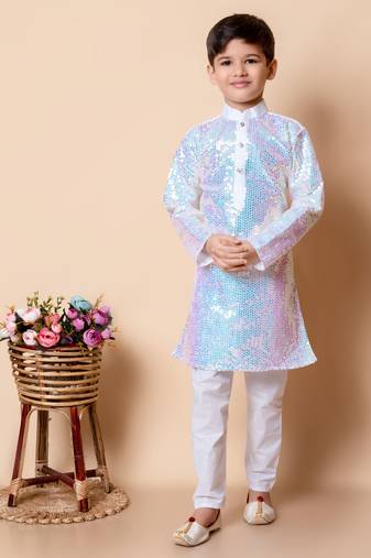Nfc creation sequins work dupion silk kurta and cotton pajama set for boys