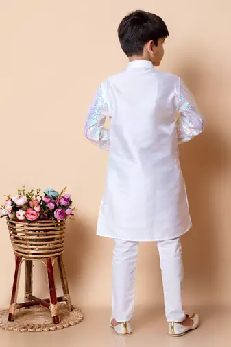sequins work dupion silk kurta and cotton pajama set for boys