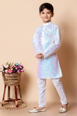 sequins work dupion silk kurta and cotton pajama set for boys 3