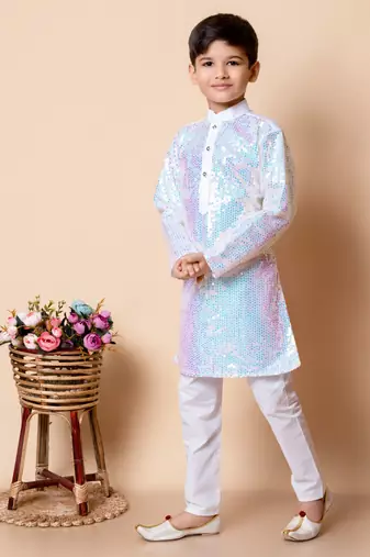 sequins work dupion silk kurta and cotton pajama set for boys