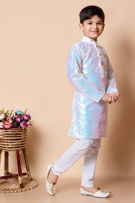 sequins work dupion silk kurta and cotton pajama set for boys 4