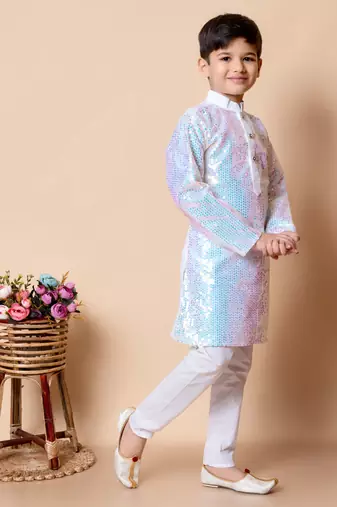 sequins work dupion silk kurta and cotton pajama set for boys