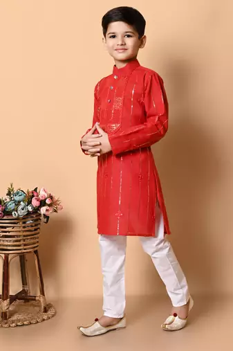 Nfc creation embroidery and sequins work cotton kurta and pajama set for boys