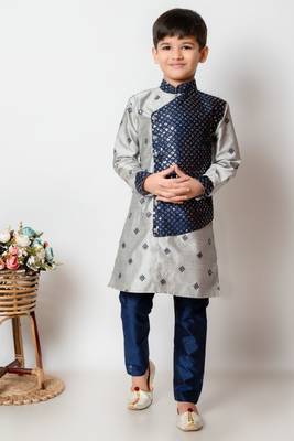 embroidery and sequins work dupion silk kurta side jacket and pajama set for boys 1