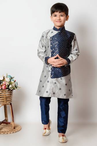 Nfc creation embroidery and sequins work dupion silk kurta side jacket and pajama set for boys