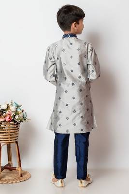 embroidery and sequins work dupion silk kurta side jacket and pajama set for boys 2