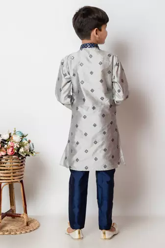 embroidery and sequins work dupion silk kurta side jacket and pajama set for boys
