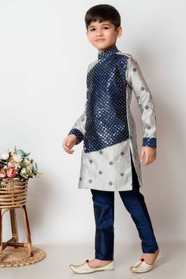 embroidery and sequins work dupion silk kurta side jacket and pajama set for boys 3
