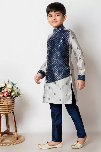 embroidery and sequins work dupion silk kurta side jacket and pajama set for boys