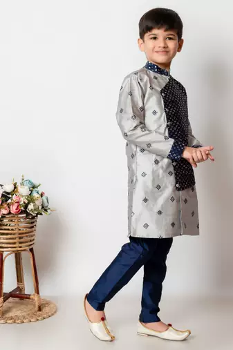 embroidery and sequins work dupion silk kurta side jacket and pajama set for boys