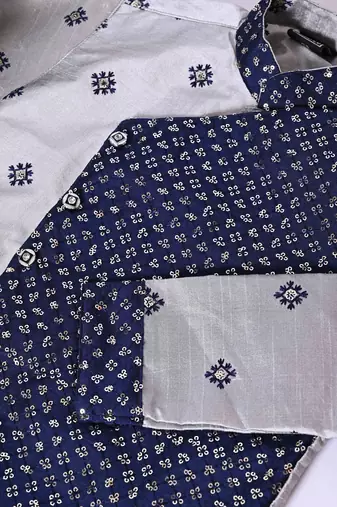 embroidery and sequins work dupion silk kurta side jacket and pajama set for boys