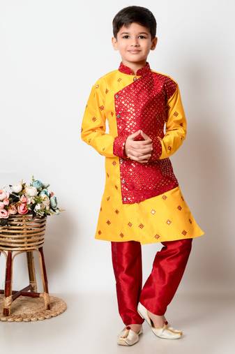 Nfc creation embroidery and sequins work dupion silk kurta side jacket and pajama set for boys