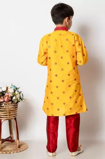 embroidery and sequins work dupion silk kurta side jacket and pajama set for boys