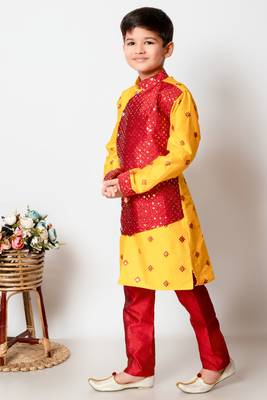 embroidery and sequins work dupion silk kurta side jacket and pajama set for boys 3