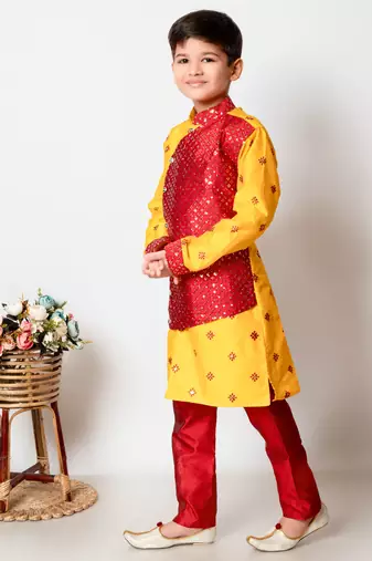embroidery and sequins work dupion silk kurta side jacket and pajama set for boys