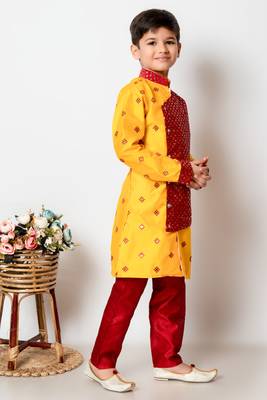 embroidery and sequins work dupion silk kurta side jacket and pajama set for boys 4