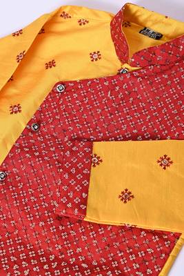 embroidery and sequins work dupion silk kurta side jacket and pajama set for boys 5