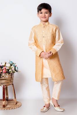 embroidery and sequins work dupion silk kurta jacket and pajama set for boys 1