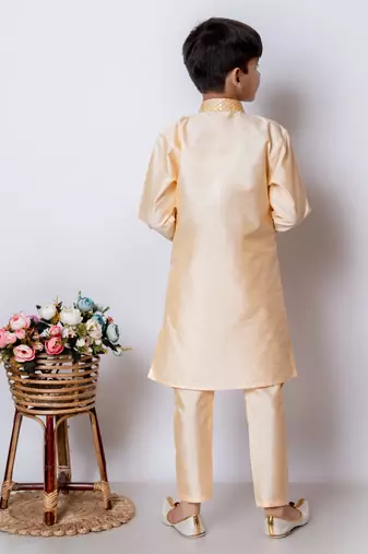 embroidery and sequins work dupion silk kurta jacket and pajama set for boys