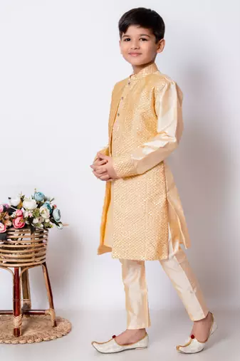 embroidery and sequins work dupion silk kurta jacket and pajama set for boys