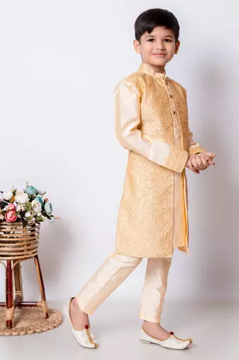 embroidery and sequins work dupion silk kurta jacket and pajama set for boys