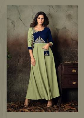 Light Green Thread Embroidery Rayon Stiched Readymade Gown 1