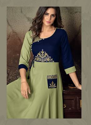 Light Green Thread Embroidery Rayon Stiched Readymade Gown 3