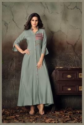 Grey Thread Embroidery Rayon Stiched Readymade Gown 1