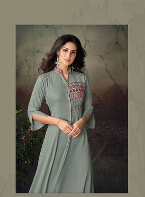Grey Thread Embroidery Rayon Stiched Readymade Gown 3