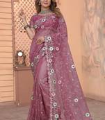 Indian Pink Resham Glitter Coding Embroidery Net Saree