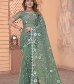 Firozi Resham Glitter Coding Embroidery Net Saree