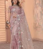 Pink Resham Glitter Coding Embroidery Net Saree