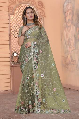 Pista Resham Glitter Coding Embroidery Net Saree