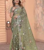 Pista Resham Glitter Coding Embroidery Net Saree