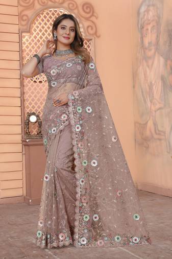 Lavender Resham Glitter Coding Embroidery Net Saree